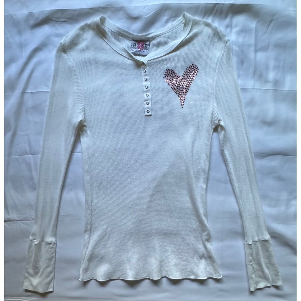Ankh Royalty Y2K White Waffle Knit Rhinestone Heart LOVE Henley Top‎ Large USA